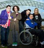 Two Pints Of Lager And A Packet Of Crisps. Image shows from L to R: Tim (Luke Gell), Donna Henshaw (Natalie Casey), Billy (Freddie Hogan), Gary 'Gaz' Wilkinson (Will Mellor), Cassie (Georgia Henshaw). Copyright: BBC