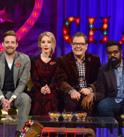 Alan Carr: Chatty Man. Image shows from L to R: Ricky Wilson, Katherine Ryan, Alan Carr, Romesh Ranganathan. Copyright: Open Mike Productions