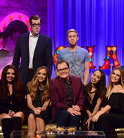 Alan Carr: Chatty Man. Image shows from L to R: Jesy Nelson, Richard Osman, Jade Thirlwall, Alan Carr, Russell Howard, Leigh-Anne Pinnock, Perrie Edwards. Copyright: Open Mike Productions