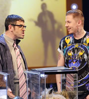 The Angelos Epithemiou Show. Image shows from L to R: Angelos Epithemiou (Dan Skinner), Professor Green. Copyright: Pett Productions