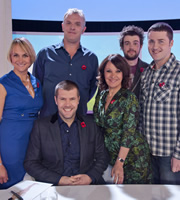 Ask Rhod Gilbert. Image shows from L to R: Louise Minchin, Greg Davies, Rhod Gilbert, Arlene Phillips, Jack Whitehall, Lloyd Langford. Copyright: Green Inc Film And Television