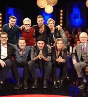 Backchat. Image shows from L to R: Richard Osman, Jack Whitehall, Danny Jones, Tom Fletcher, Matt Willis, Harry Judd, James Bourne, Dougie Poynter, Michael Whitehall. Copyright: Tiger Aspect Productions