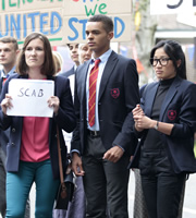 Bad Education. Image shows from L to R: Miss Gulliver (Sarah Solemani), Stephen (Layton Williams), Jing (Kae Alexander). Copyright: Tiger Aspect Productions