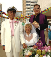 Benidorm. Image shows from L to R: Mel (Geoffrey Hutchings), Madge (Sheila Reid), Vicar (Gary Brown). Copyright: Tiger Aspect Productions