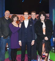 The Big Fat Quiz Of The Year. Image shows from L to R: Dara O Briain, Kristen Schaal, Jimmy Carr, Jonathan Ross, Noel Fielding. Copyright: Hot Sauce / Channel 4 Television Corporation