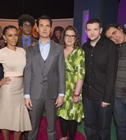 The Big Fat Quiz Of The Year. Image shows from L to R: Melanie Brown, Richard Ayoade, Jimmy Carr, Sarah Millican, Kevin Bridges, Micky Flanagan. Copyright: Hot Sauce / Channel 4 Television Corporation