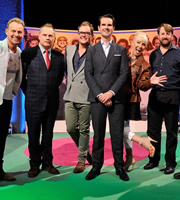 The Big Fat Quiz Of The Year. Image shows from L to R: Jason Donovan, Jack Dee, Alan Carr, Jimmy Carr, Sarah Greene, David Mitchell. Copyright: Hot Sauce / Channel 4 Television Corporation