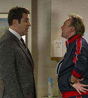 Big School. Image shows from L to R: Mr Church (David Walliams), Mr Gunn (Philip Glenister). Copyright: BBC / King Bert Productions