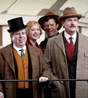 Blandings. Image shows from L to R: Clarence (Timothy Spall), Angela (Alice Orr-Ewing), Jimmy Belford (James Norton), Sir Gregory Parsloe (Robert Bathurst). Copyright: Mammoth Screen