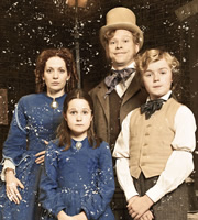 The Bleak Old Shop Of Stuff. Image shows from L to R: Conceptiva Secret-Past (Katherine Parkinson), Victoria Secret-Past (Ambra Lily Keegan), Jedrington Secret-Past (Robert Webb), Victor Secret-Past (Finlay Christie). Copyright: BBC