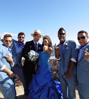 Blue Go Mad In Ibiza. Image shows from L to R: Lee Ryan, Duncan James, Groom Neil (Ed Gamble), Bride Francesca (Georgia Brown), Simon Webbe, Antony Costa. Copyright: Potato