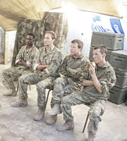 Bluestone 42. Image shows from L to R: Millsy (Gary Carr), Nick (Oliver Chris), Simon (Stephen Wight), Rocket (Scott Hoatson). Copyright: BBC