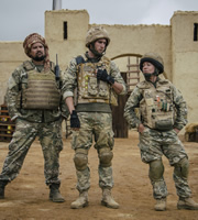 Bluestone 42. Image shows from L to R: Faruq (Keeno Lee Hector), Towerblock (Matthew Lewis), Bird (Katie Lyons). Copyright: BBC