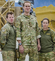 Bluestone 42. Image shows from L to R: Simon (Stephen Wight), Nick (Oliver Chris), Bird (Katie Lyons). Copyright: BBC