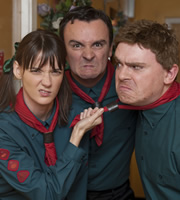 Burnistoun. Image shows from L to R: Kirsty Strain, Iain Connell, Robert Florence. Copyright: The Comedy Unit