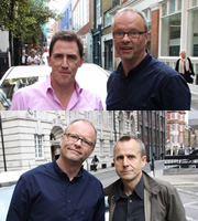 Carpool. Image shows from L to R: Rob Brydon, Robert Llewellyn, Jeremy Hardy. Copyright: RDF Television