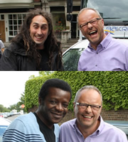 Carpool. Image shows from L to R: Ross Noble, Robert Llewellyn, Stephen K Amos. Copyright: RDF Television