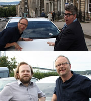 Carpool. Image shows from L to R: Robert Llewellyn, Phill Jupitus, Toby Williams. Copyright: RDF Television