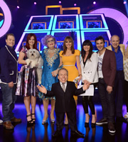 Celebrity Squares. Image shows from L to R: Rufus Hound, Ashleigh Butler, Barry Humphries, Warwick Davis, Carol Vorderman, Lucy Pargeter, Patrick Monahan, Tim Vine. Copyright: September Films / GroupM Entertainment