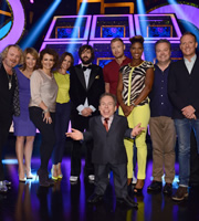 Celebrity Squares. Image shows from L to R: Leigh Francis, Kaye Adams, Nadia Sawalha, Andrea McLean, Joe Wilkinson, Warwick Davis, Andrew Flintoff, Denise Lewis, Hal Cruttenden, Antony Cotton. Copyright: September Films / GroupM Entertainment