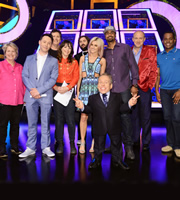 Celebrity Squares. Image shows from L to R: Sandi Toksvig, Reece Shearsmith, Stewart Francis, Bridget Christie, Joe Wilkinson, Ashley Roberts, Warwick Davis, David Haye, Tim Vine, Andi Peters. Copyright: September Films / GroupM Entertainment