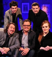 Alan Carr: Chatty Man. Image shows from L to R: Jonathan Ross, Jack Whitehall, Alan Carr, Kevin Bridges, Adele Adkins. Copyright: Open Mike Productions