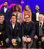 Alan Carr: Chatty Man. Image shows from L to R: George Ezra, Ben Haenow, Richard Hammond, Fleur East, Alan Carr, Lauren Platt, Andrea Faustini, Bruce Forsyth. Copyright: Open Mike Productions