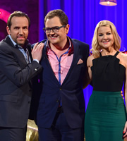 Alan Carr: Chatty Man. Image shows from L to R: Ben Miller, Alan Carr, Sarah Hadland. Copyright: Open Mike Productions