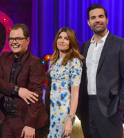 Alan Carr: Chatty Man. Image shows from L to R: Alan Carr, Sharon Horgan, Rob Delaney. Copyright: Open Mike Productions