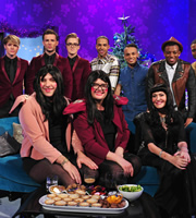 Alan Carr: Chatty Man. Image shows from L to R: Dougie Poynter, David Walliams, Harry Judd, Tom Fletcher, Alan Carr, Marvin Humes, Aston Merrygold, Hilary Devey, Oritsé Williams, Jonathan Gill. Copyright: Open Mike Productions