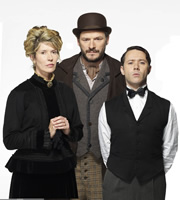 Chekhov: Comedy Shorts. Image shows from L to R: Popova (Julia Davis), Smirnoff (Julian Barratt), Butler (Reece Shearsmith). Copyright: Baby Cow Productions