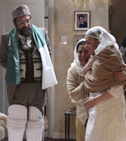 Citizen Khan. Image shows from L to R: Mr Khan (Adil Ray), Mrs Khan (Shobu Kapoor), Mrs Shafiq (Amina Zia). Copyright: BBC