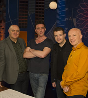 Dara O Briain: School Of Hard Sums. Image shows from L to R: Dara O Briain, Peter Serafinowicz, Kevin Bridges, Marcus du Sautoy. Copyright: Fujisankei Productions / Wild Rover