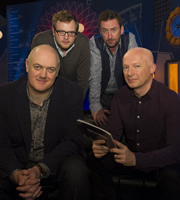 Dara O Briain: School Of Hard Sums. Image shows from L to R: Dara O Briain, Miles Jupp, Lee Mack, Marcus du Sautoy. Copyright: Fujisankei Productions / Wild Rover