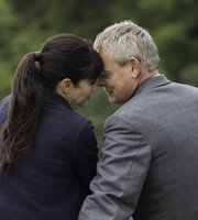 Doc Martin. Image shows from L to R: Louisa Glasson (Caroline Catz), Dr Martin Ellingham (Martin Clunes). Copyright: Buffalo Pictures / Homerun Productions