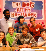 The Dog Ate My Homework. Image shows from L to R: Romesh Ranganathan, Bec Hill, Iain Stirling, Sam Fletcher, Jack Carroll. Copyright: BBC