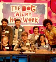 The Dog Ate My Homework. Image shows from L to R: Dan Antopolski, Chris Martin, Iain Stirling, Susan Calman, Radzi Chinyanganya. Copyright: BBC