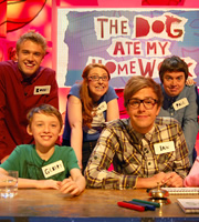 The Dog Ate My Homework. Image shows from L to R: Bobby Lockwood, Katie Mulgrew, Iain Stirling, Paul McCaffrey. Copyright: BBC