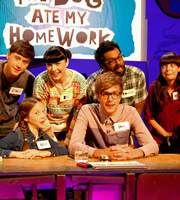 The Dog Ate My Homework. Image shows from L to R: Shane O'Meara, Bec Hill, Iain Stirling, Romesh Ranganathan, Kirstie Steele. Copyright: BBC