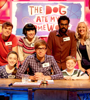 The Dog Ate My Homework. Image shows from L to R: Joel Dommett, Bec Hill, Iain Stirling, Romesh Ranganathan, Victoria Cook. Copyright: BBC