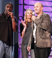 FHM's Stand-Up Hero. Image shows from L to R: Nathan Caton, Catie Wilkins, Brendon Burns. Copyright: Baby Cow Productions / Signal TV