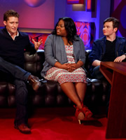 Friday Night With Jonathan Ross. Image shows from L to R: Matthew Morrison, Amber Riley, Chris Colfer. Copyright: Hot Sauce