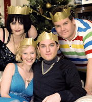 Gavin & Stacey. Image shows from L to R: Nessa (Ruth Jones), Stacey (Joanna Page), Gavin (Mathew Horne), Smithy (James Corden). Copyright: Baby Cow Productions