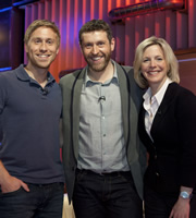 Genius With Dave Gorman. Image shows from L to R: Russell Howard, Dave Gorman, Hazel Irvine. Copyright: BBC