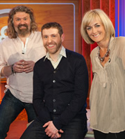 Genius With Dave Gorman. Image shows from L to R: Simon King, Dave Gorman, Jane Moore. Copyright: BBC