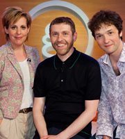 Genius With Dave Gorman. Image shows from L to R: Mel Giedroyc, Dave Gorman, Chris Addison. Copyright: BBC