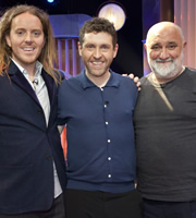 Genius With Dave Gorman. Image shows from L to R: Tim Minchin, Dave Gorman, Alexei Sayle. Copyright: BBC