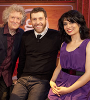 Genius With Dave Gorman. Image shows from L to R: Noddy Holder, Dave Gorman, Shaparak Khorsandi. Copyright: BBC