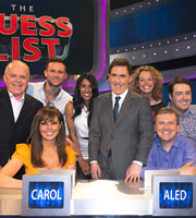 The Guess List. Image shows from L to R: Carol Vorderman, Harry Judd, Rob Brydon, Kate Humble, Aled Jones, Jason Manford. Copyright: 12 Yard Productions