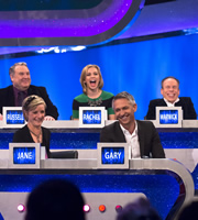 The Guess List. Image shows from L to R: Russell Grant, Jane Horrocks, Rachel Riley, Gary Lineker, Warwick Davis. Copyright: 12 Yard Productions